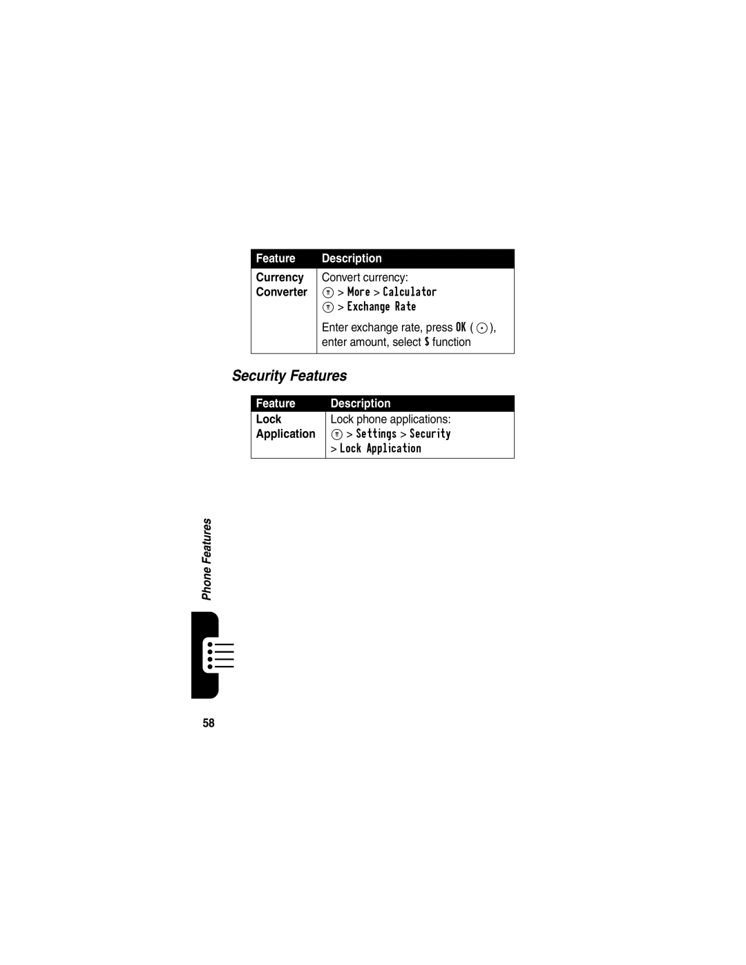 Motorola C341 manual Security Features, Currency, Converter, Lock, Application 