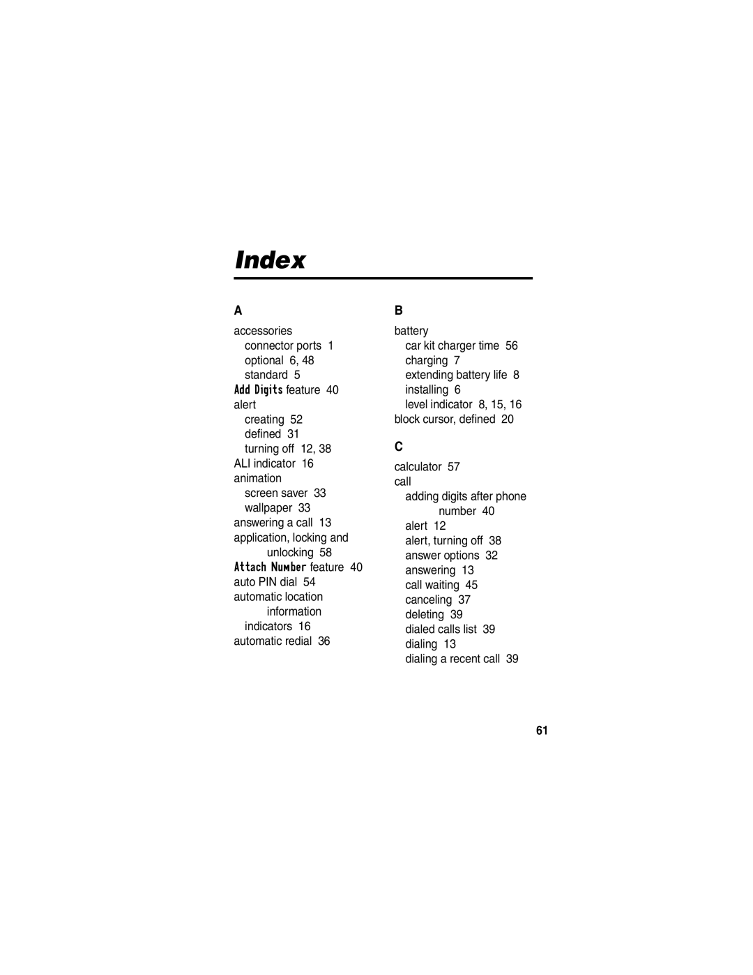 Motorola C341 manual Index 