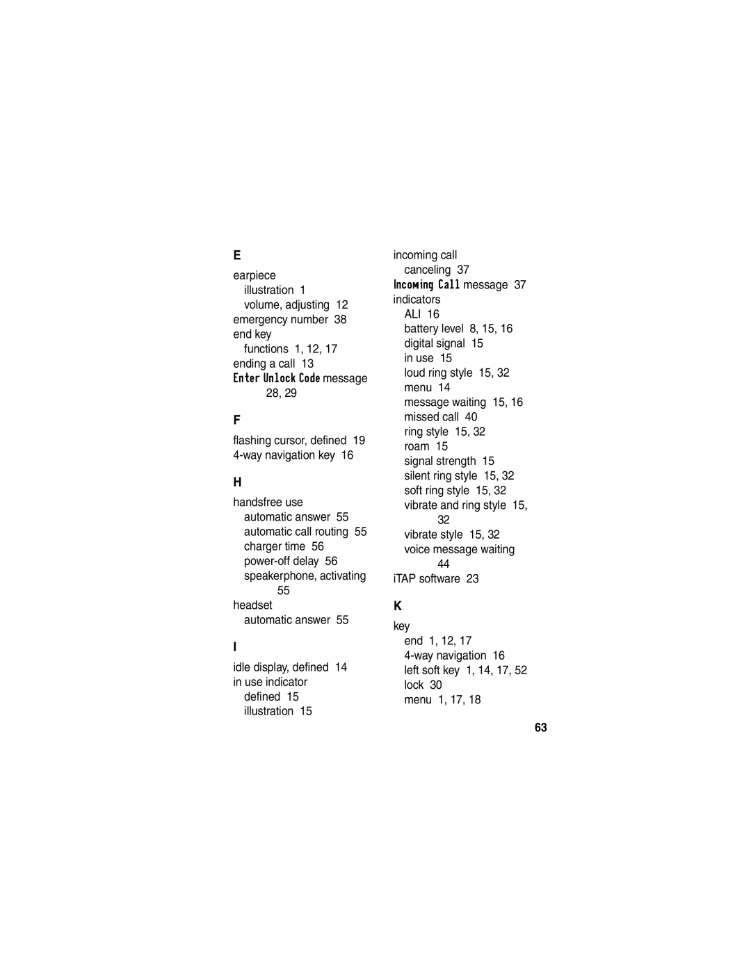 Motorola C341 manual Flashing cursor, defined 19 4-way navigation key 