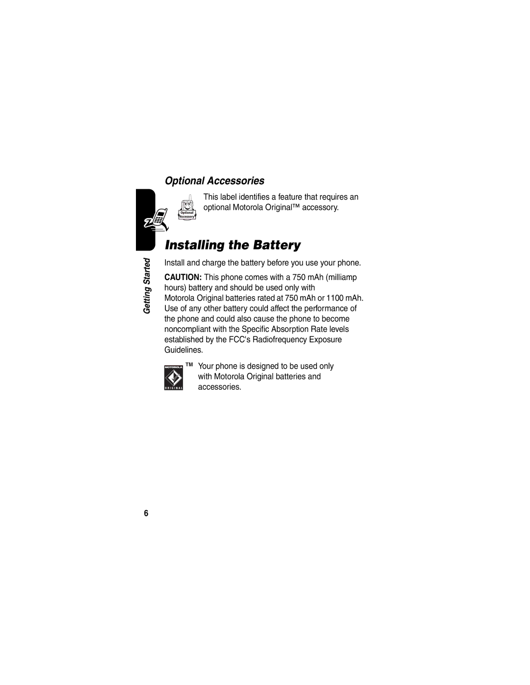 Motorola C341 manual Installing the Battery, Optional Accessories 