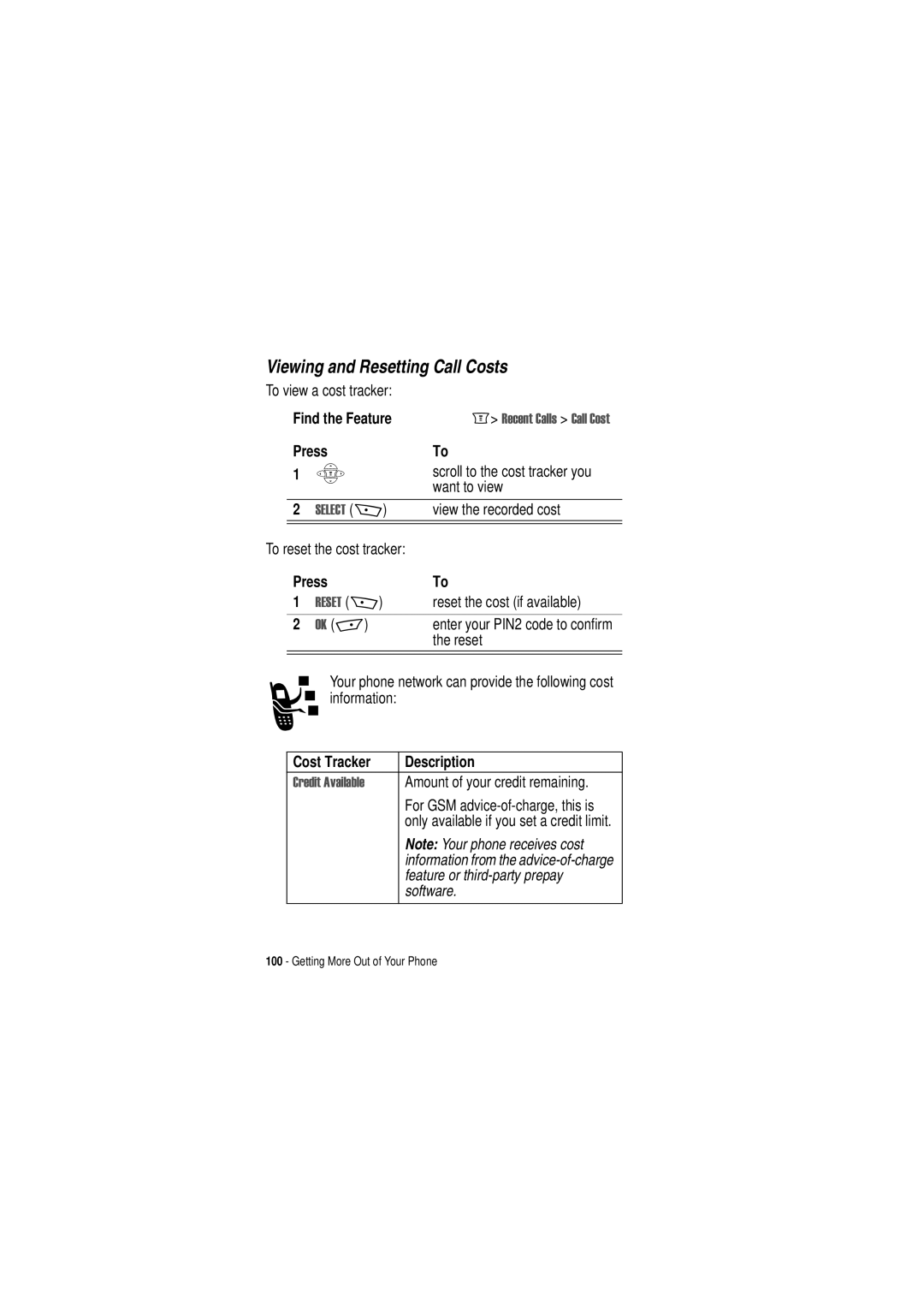 Motorola C350 manual Viewing and Resetting Call Costs 