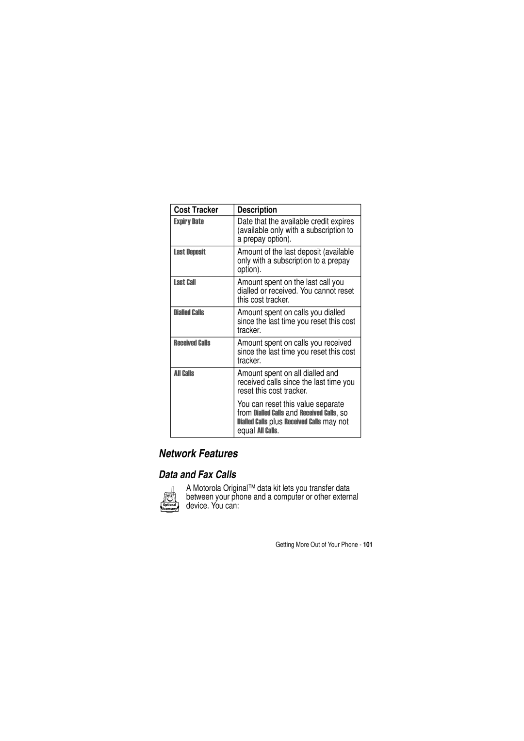 Motorola C350 manual Network Features, Data and Fax Calls, Cost Tracker Description, Slu\ Dwh, Equal $OO &DOOV 