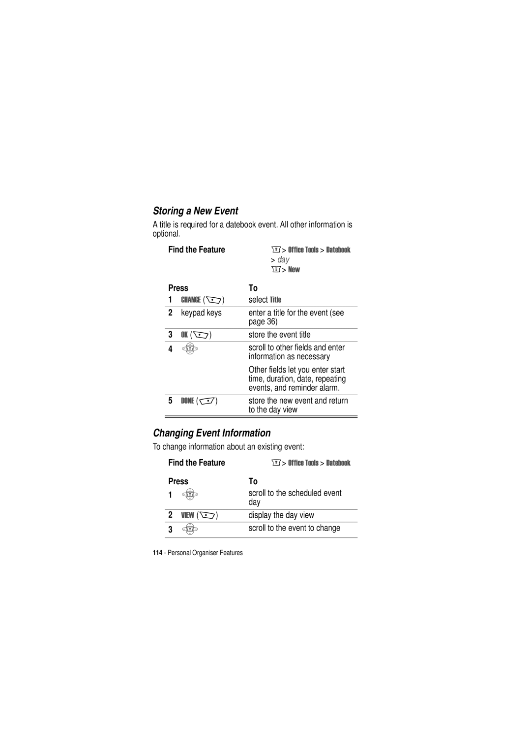 Motorola C350 manual Storing a New Event, Changing Event Information 