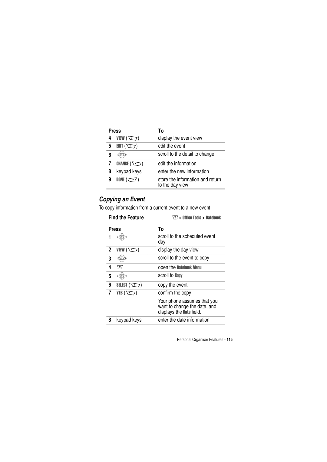 Motorola C350 manual Copying an Event, Open the Dwherrn 0HQX 