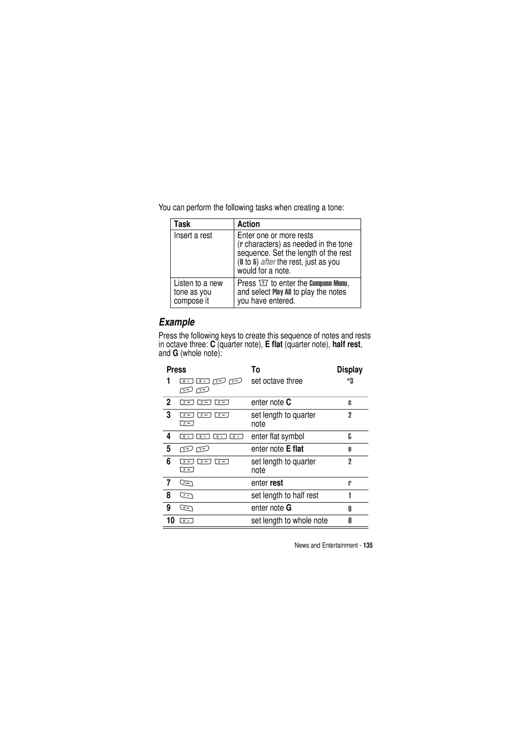 Motorola C350 manual Example, Task Action 