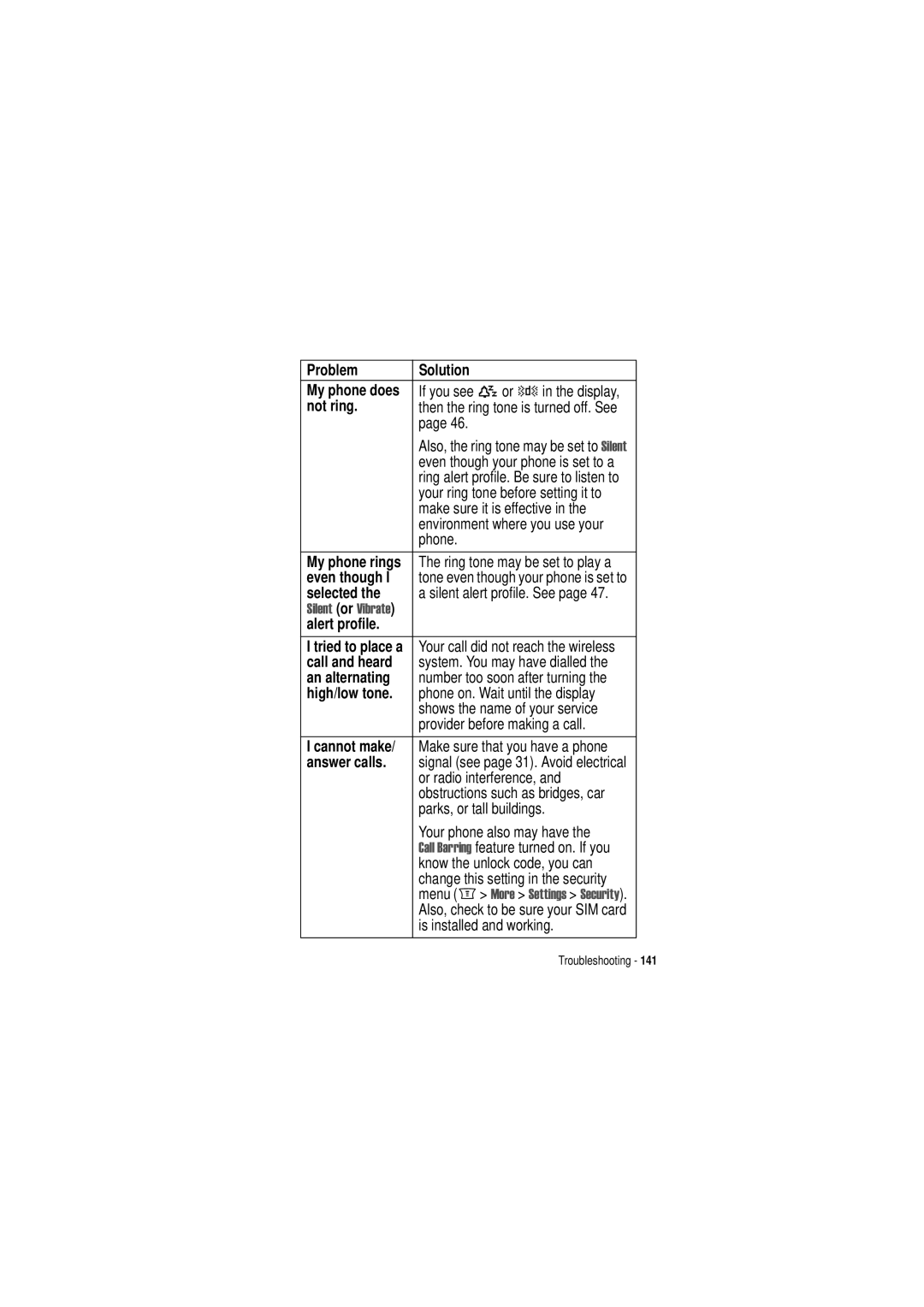 Motorola C350 manual Problem Solution, Not ring, Even though, Selected, Alert profile, An alternating, Answer calls 