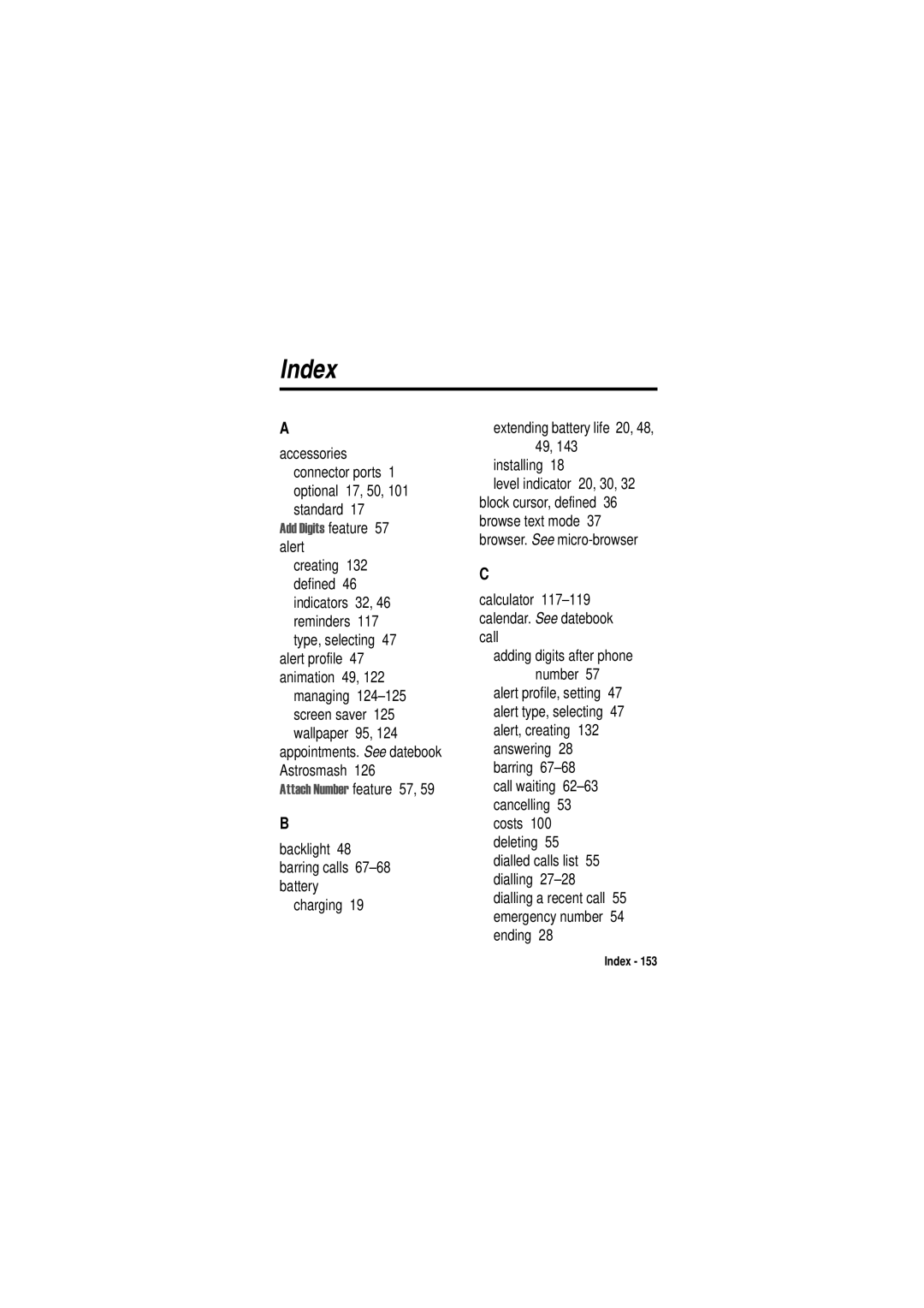 Motorola C350 manual Index, Accessories connector ports 1 optional 17, 50, 101 standard, $GGLJLWV feature 57 alert 