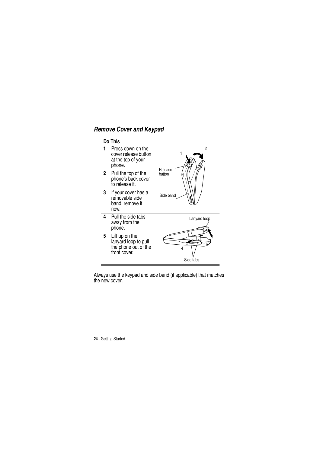 Motorola C350 manual Remove Cover and Keypad, Pull the side tabs away from the phone 