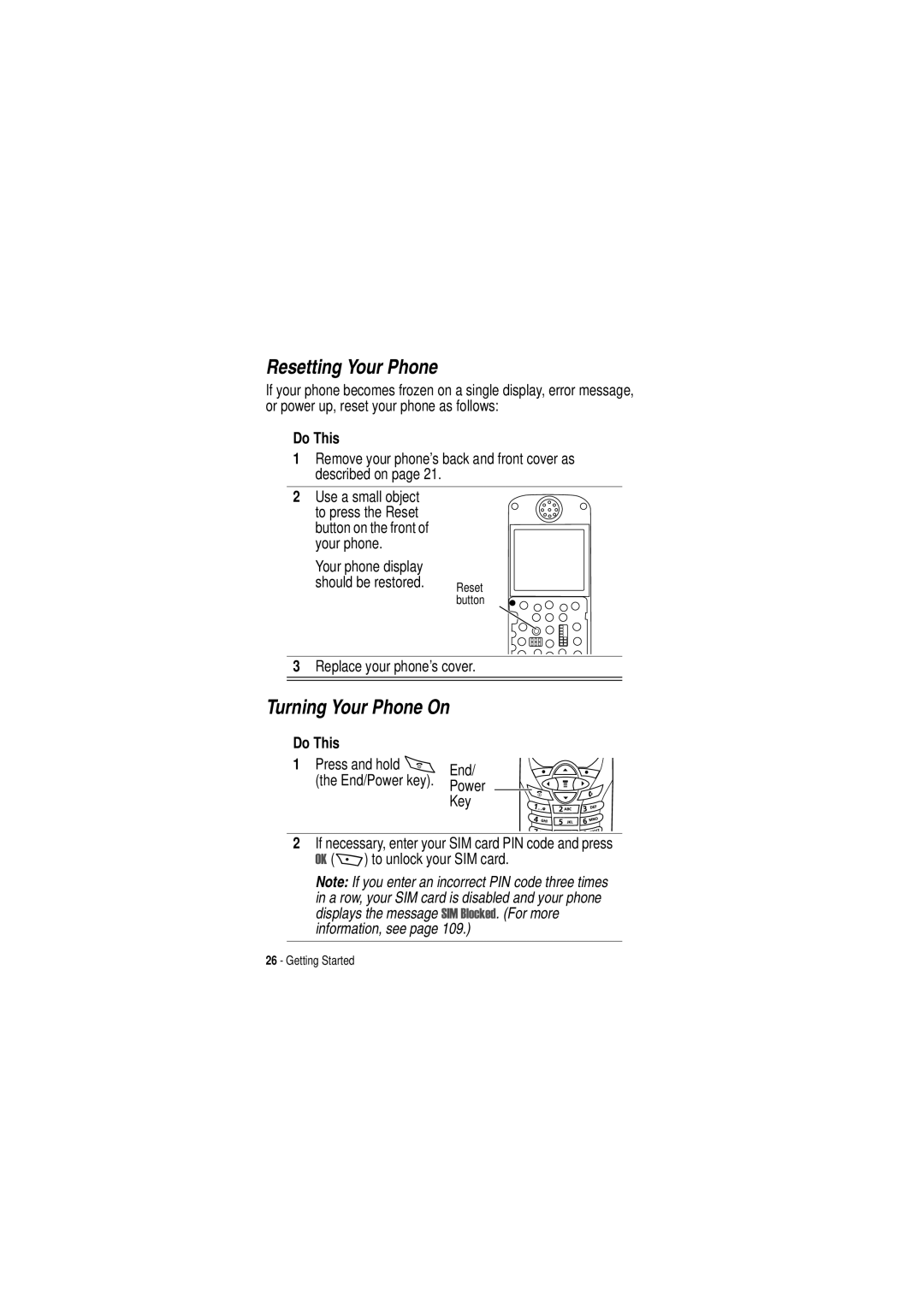 Motorola C350 manual Resetting Your Phone, Turning Your Phone On, Remove your phone’s back and front cover as described on 