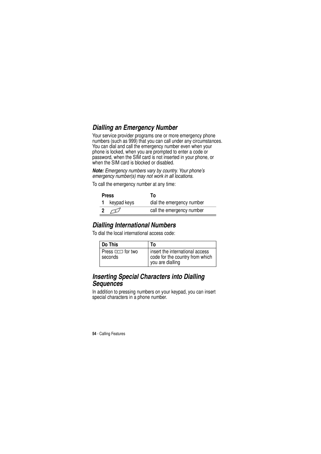 Motorola C350 manual Dialling an Emergency Number, Dialling International Numbers 