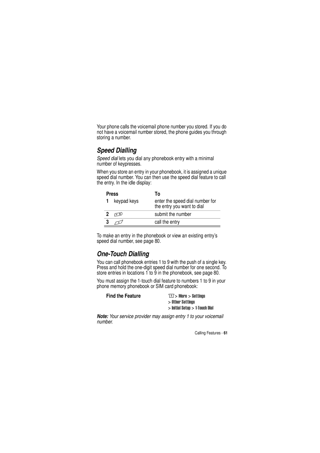 Motorola C350 manual Speed Dialling, One-Touch Dialling, Entry you want to dial, Submit the number, Call the entry 