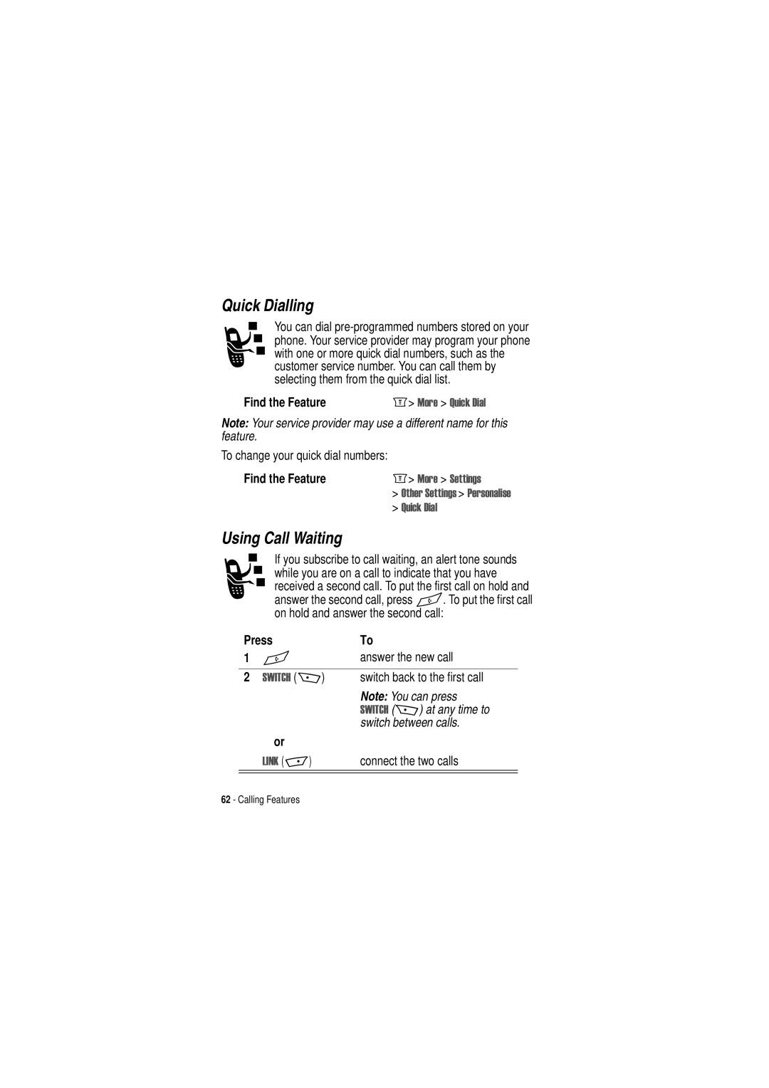 Motorola C350 manual Quick Dialling, Using Call Waiting, 4XLFN LDO, + + 