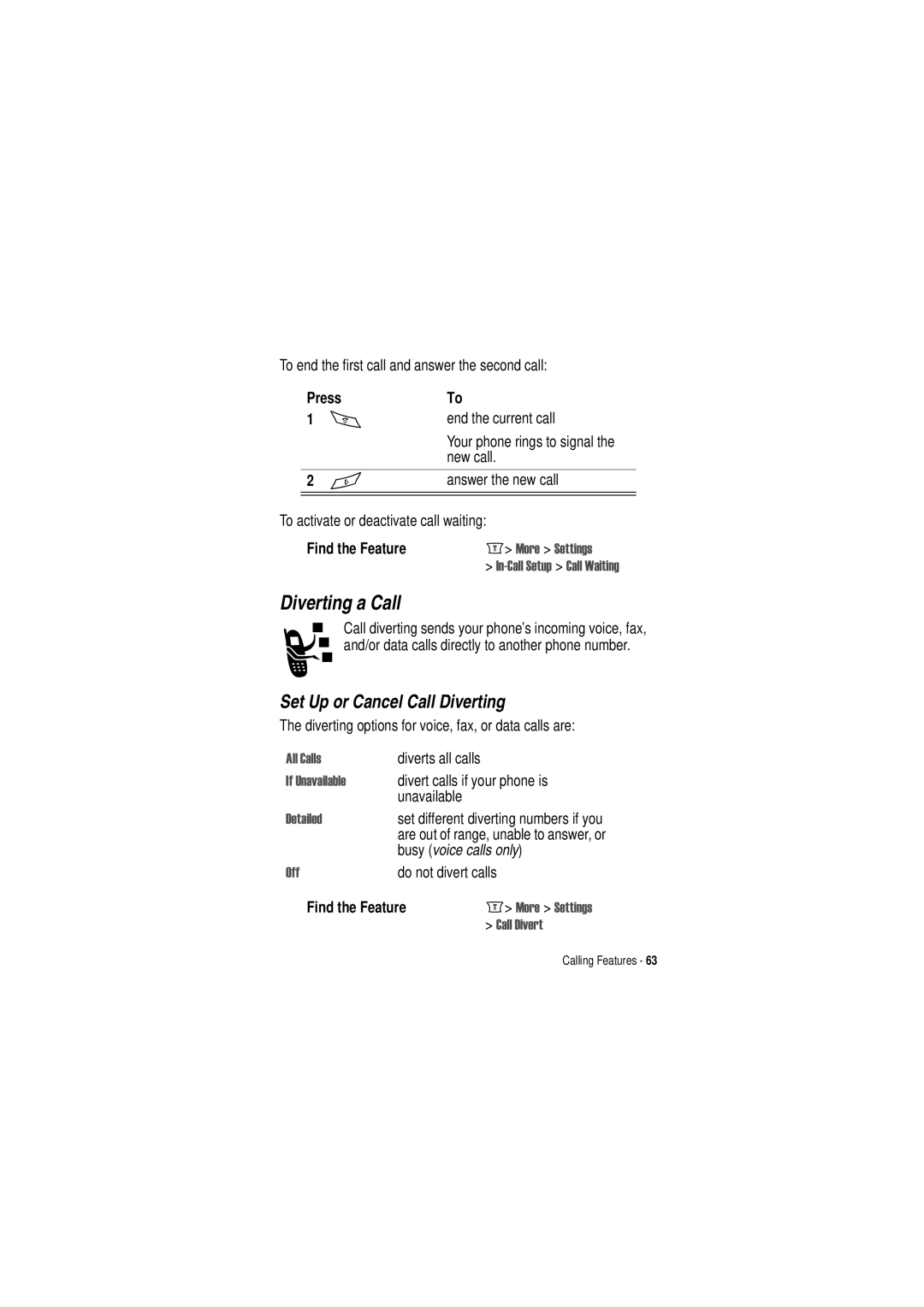 Motorola C350 Diverting a Call, Set Up or Cancel Call Diverting, Press End the current call, New call, Answer the new call 