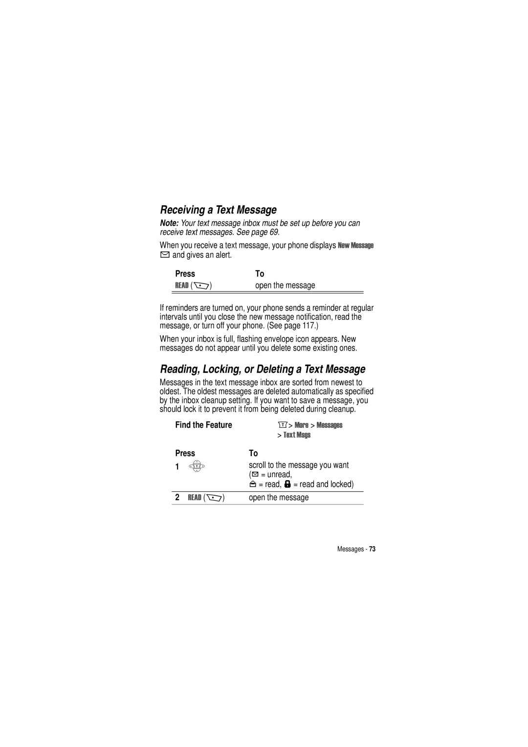 Motorola C350 manual Receiving a Text Message, Reading, Locking, or Deleting a Text Message, $ +, 7HW 0VJV 