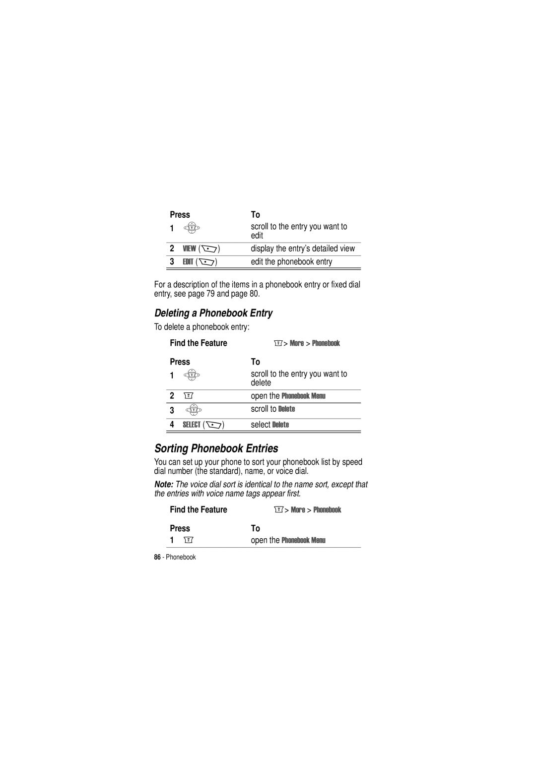 Motorola C350 manual Sorting Phonebook Entries, Deleting a Phonebook Entry 