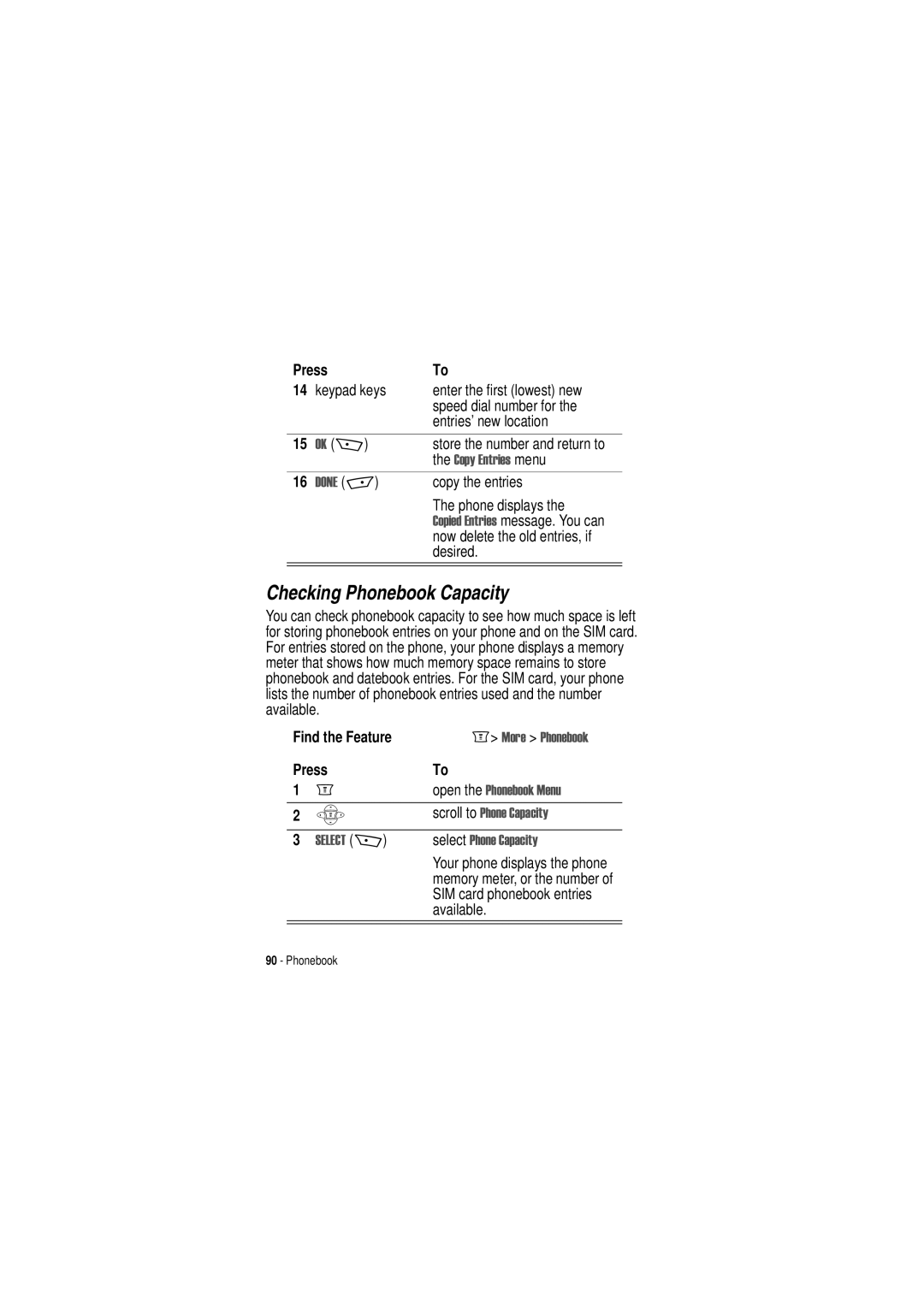 Motorola C350 Checking Phonebook Capacity, Copy the entries, Now delete the old entries, if desired, Select 3KRQH &DSDFLW 