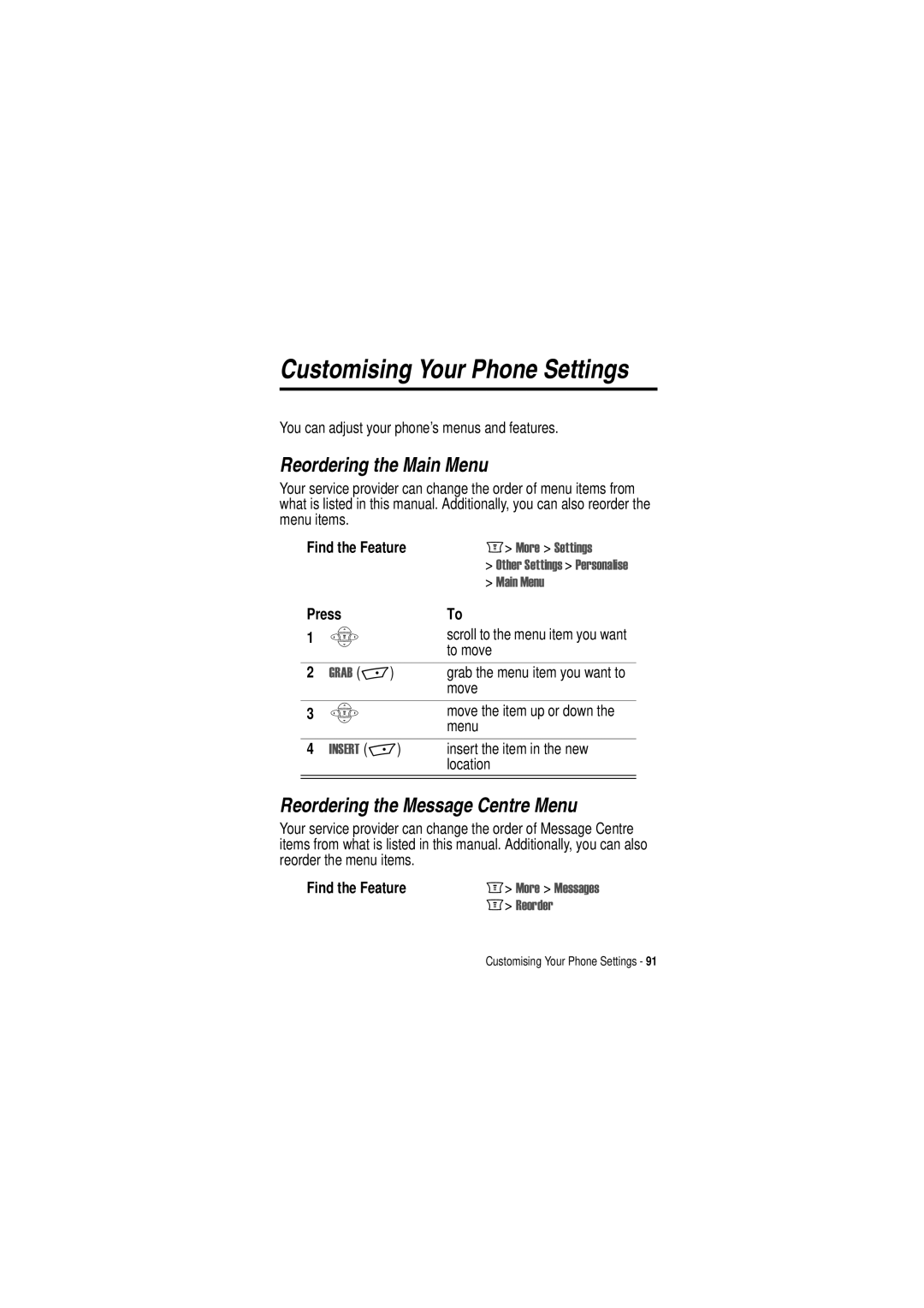 Motorola C350 manual Reordering the Main Menu, Reordering the Message Centre Menu, 0DLQ 0HQX, 1657, 5HRUGHU 