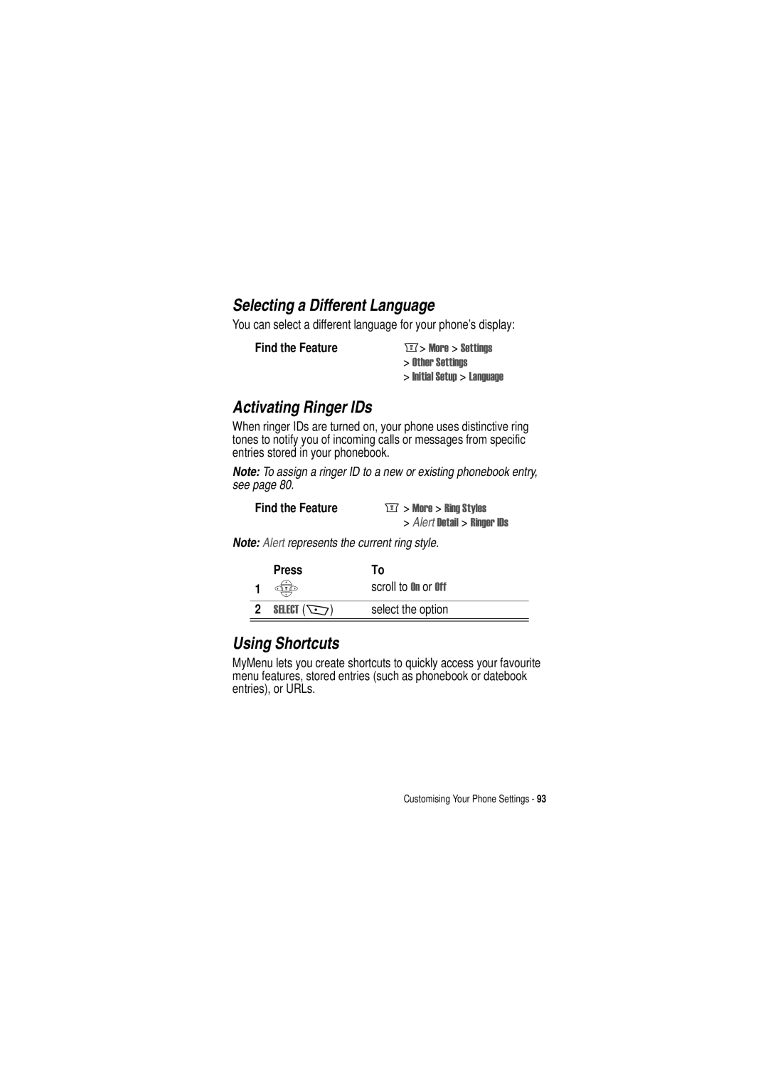 Motorola C350 manual Selecting a Different Language, Activating Ringer IDs, Using Shortcuts, Scroll to 2Q or 