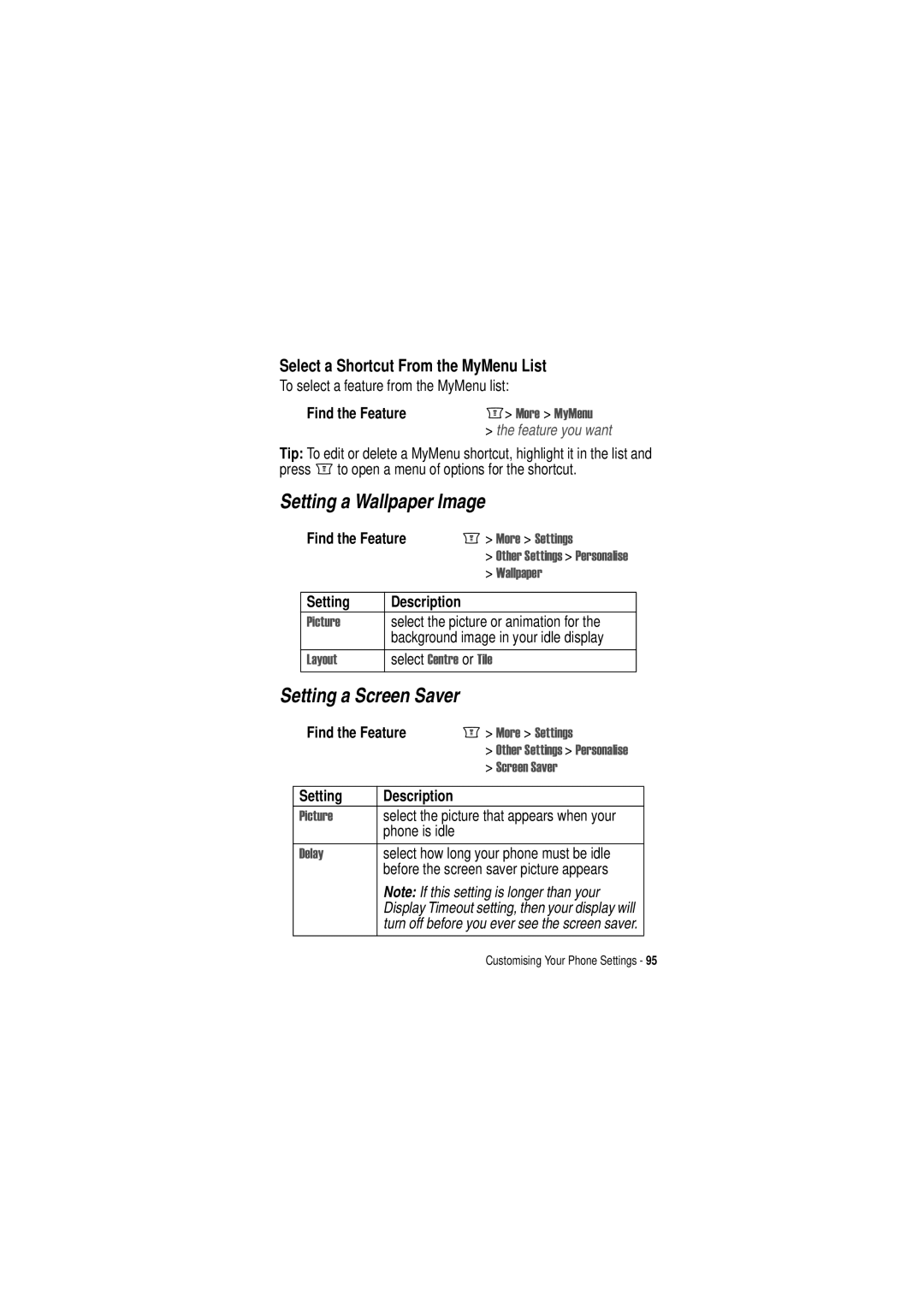 Motorola C350 manual Setting a Wallpaper Image, Setting a Screen Saver, Select a Shortcut From the MyMenu List 