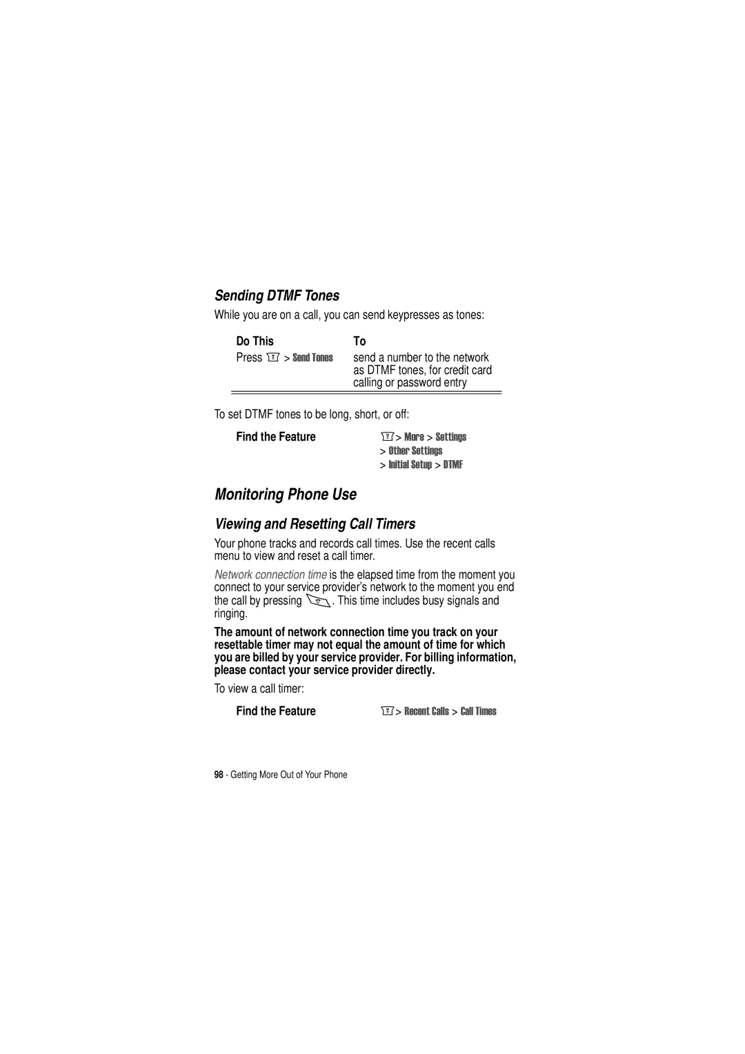 Motorola C350 manual Monitoring Phone Use, Sending Dtmf Tones, Viewing and Resetting Call Timers 