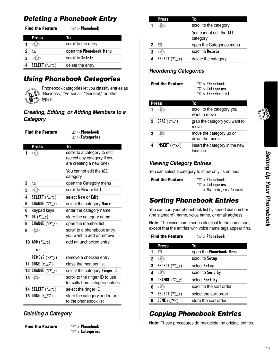 Motorola C350 Deleting a Phonebook Entry, Using Phonebook Categories, Sorting Phonebook Entries, Copying Phonebook Entries 