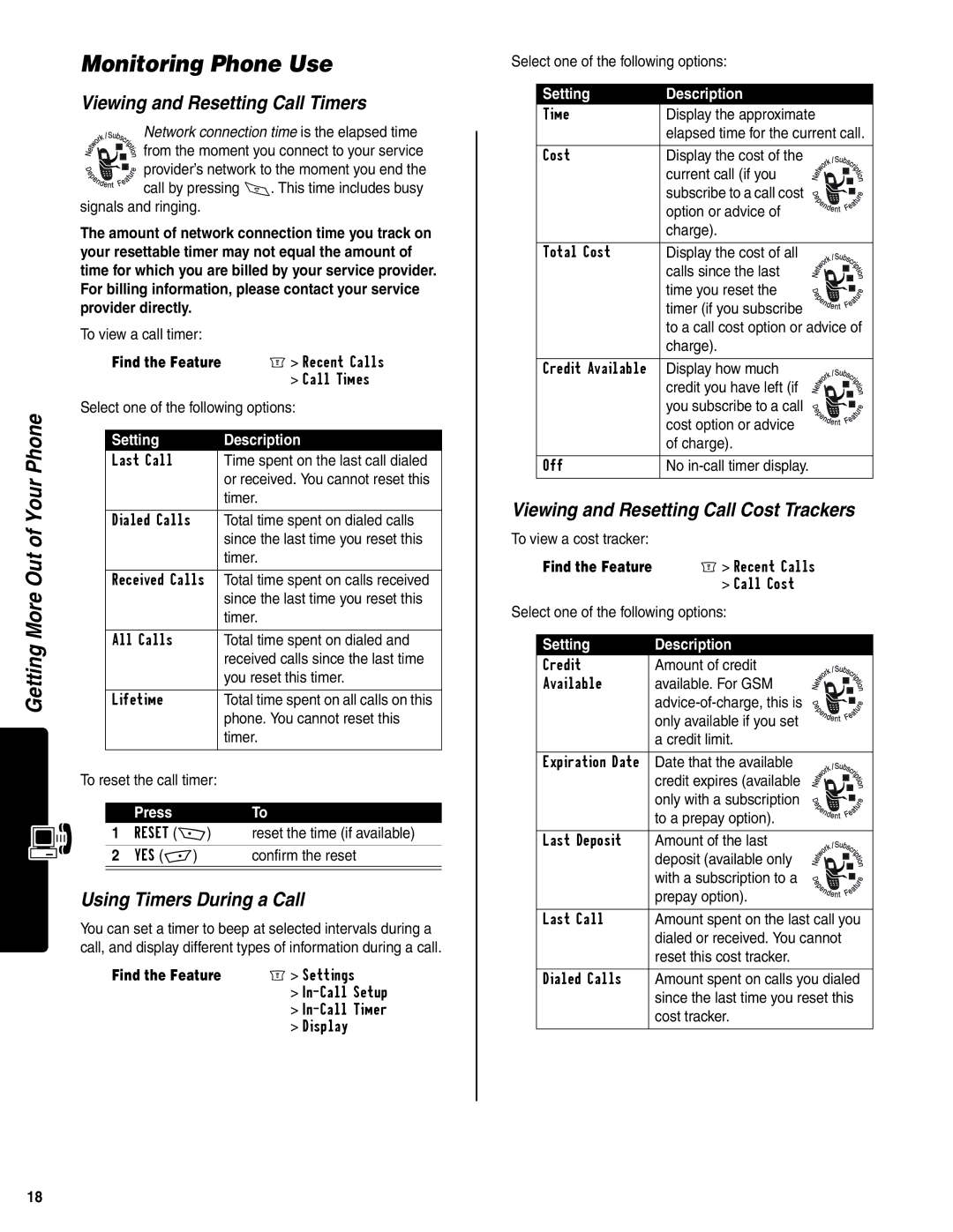 Motorola C350 manual Monitoring Phone Use, Viewing and Resetting Call Timers, Out, Using Timers During a Call 