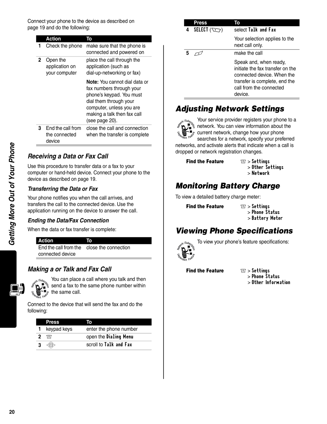 Motorola C350 manual Adjusting Network Settings, Monitoring Battery Charge, Viewing Phone Specifications 