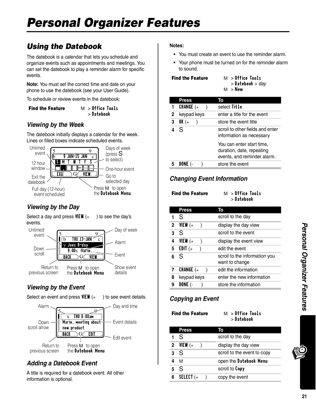 Motorola C350 manual Personal Organizer Features, Using the Datebook 