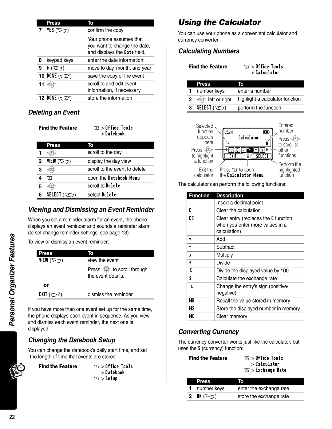 Motorola C350 manual Using the Calculator 