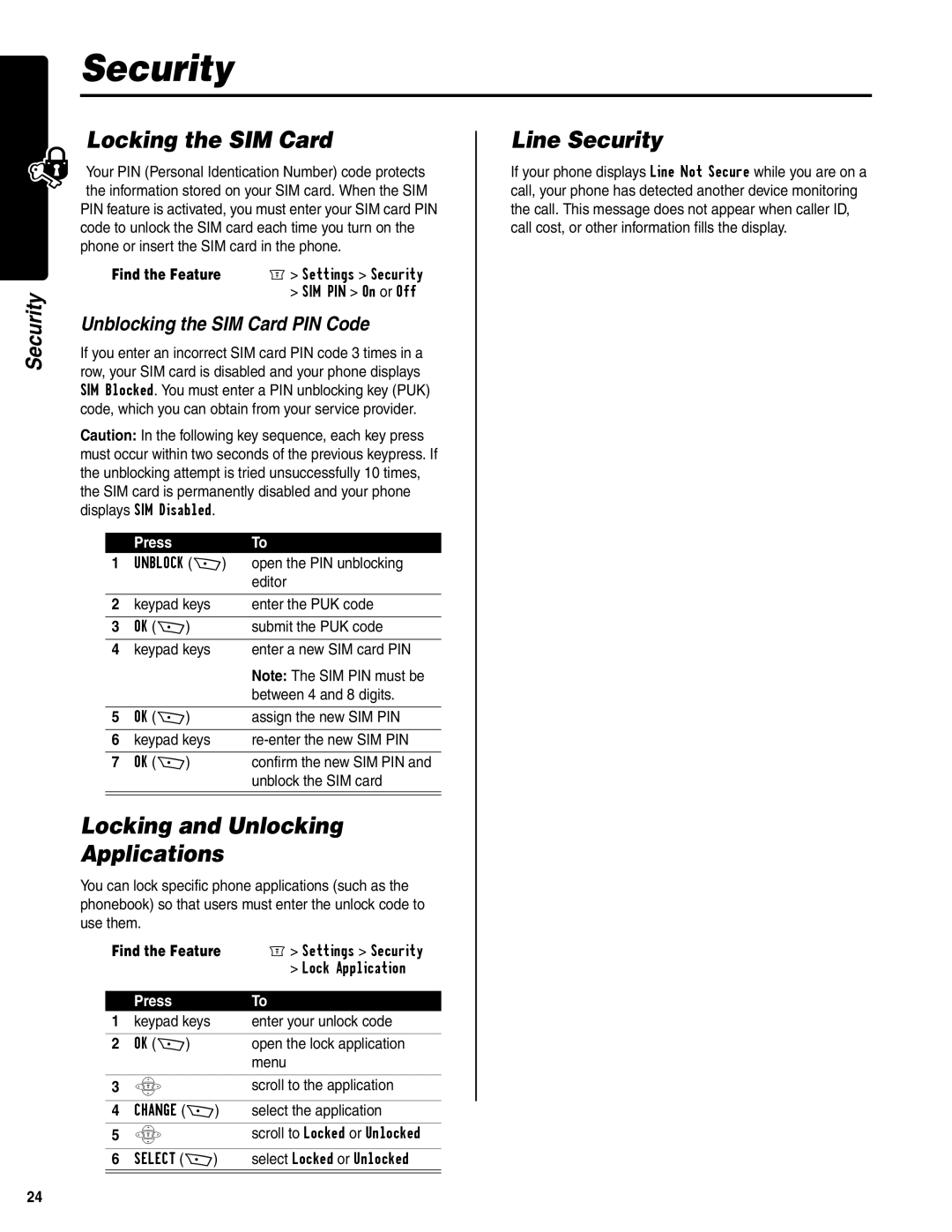 Motorola C350 manual Locking the SIM Card, Locking and Unlocking Applications, Line Security 