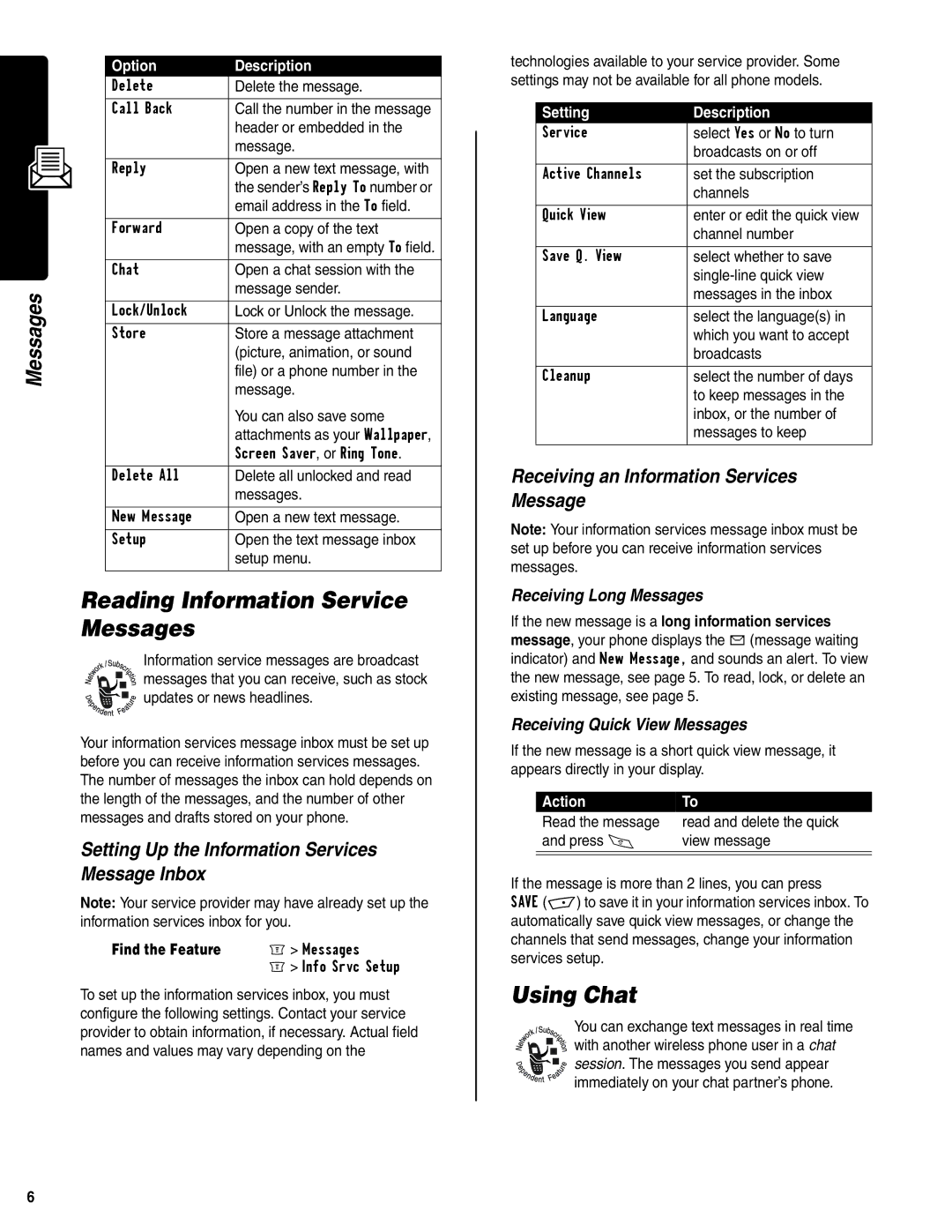 Motorola C350 manual Reading Information Service Messages, Using Chat, Setting Up the Information Services Message Inbox 