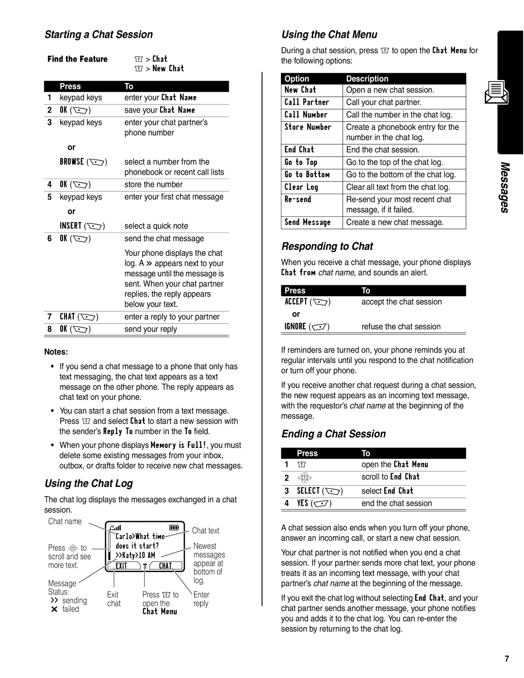 Motorola C350 Starting a Chat Session, Using the Chat Log, Using the Chat Menu, Responding to Chat, Ending a Chat Session 