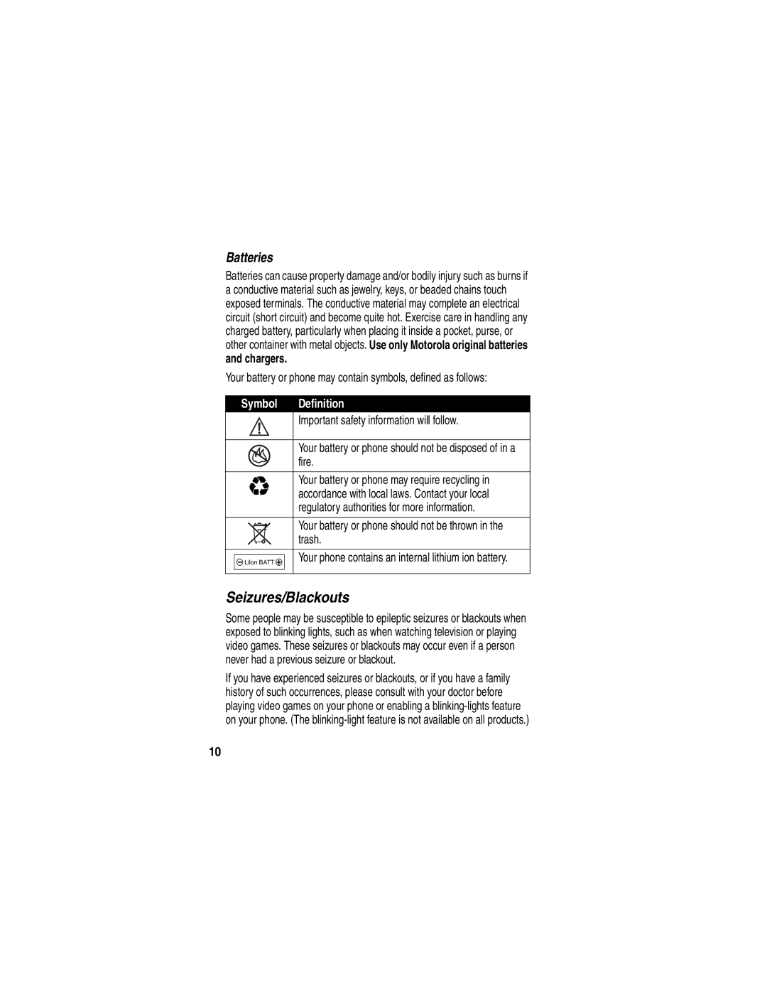 Motorola C353 manual Seizures/Blackouts, Batteries, Chargers, Symbol Definition 