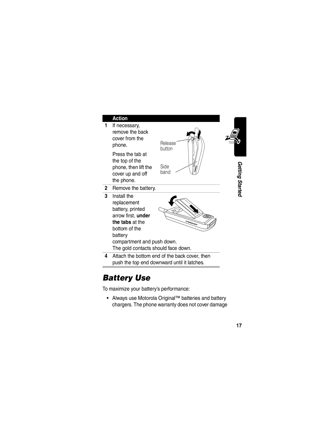 Motorola C353 manual Battery Use, Tabs at, Bottom Battery Compartment and push down, To maximize your battery’s performance 