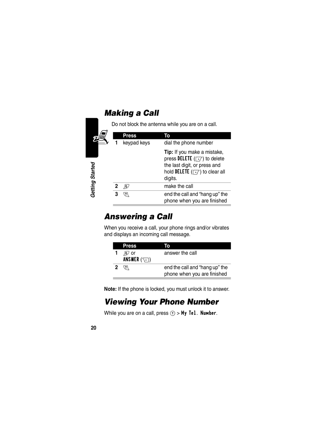 Motorola C353 manual Making a Call, Answering a Call, Viewing Your Phone Number, Press 