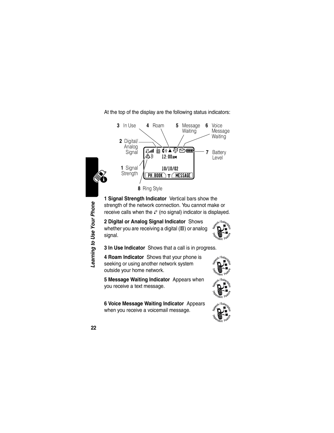 Motorola C353 manual Digital, Level, Ring Style, Use Indicator Shows that a call is in progress 