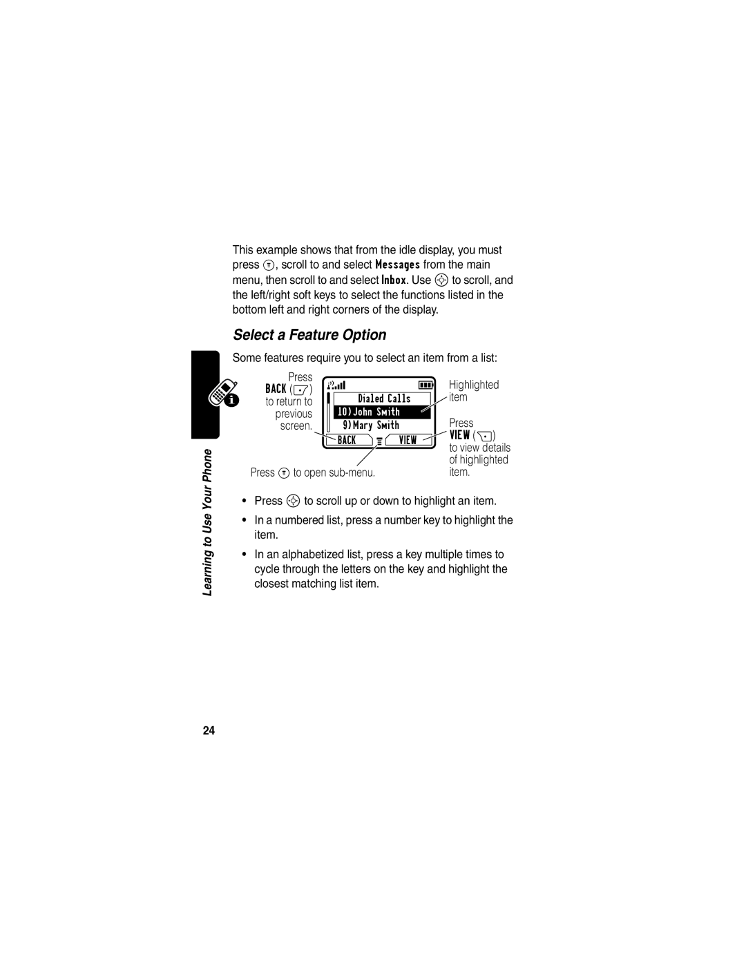 Motorola C353 manual Select a Feature Option, Previous, Screen 