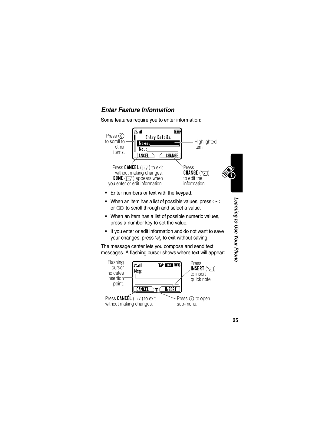 Motorola C353 manual Enter Feature Information 