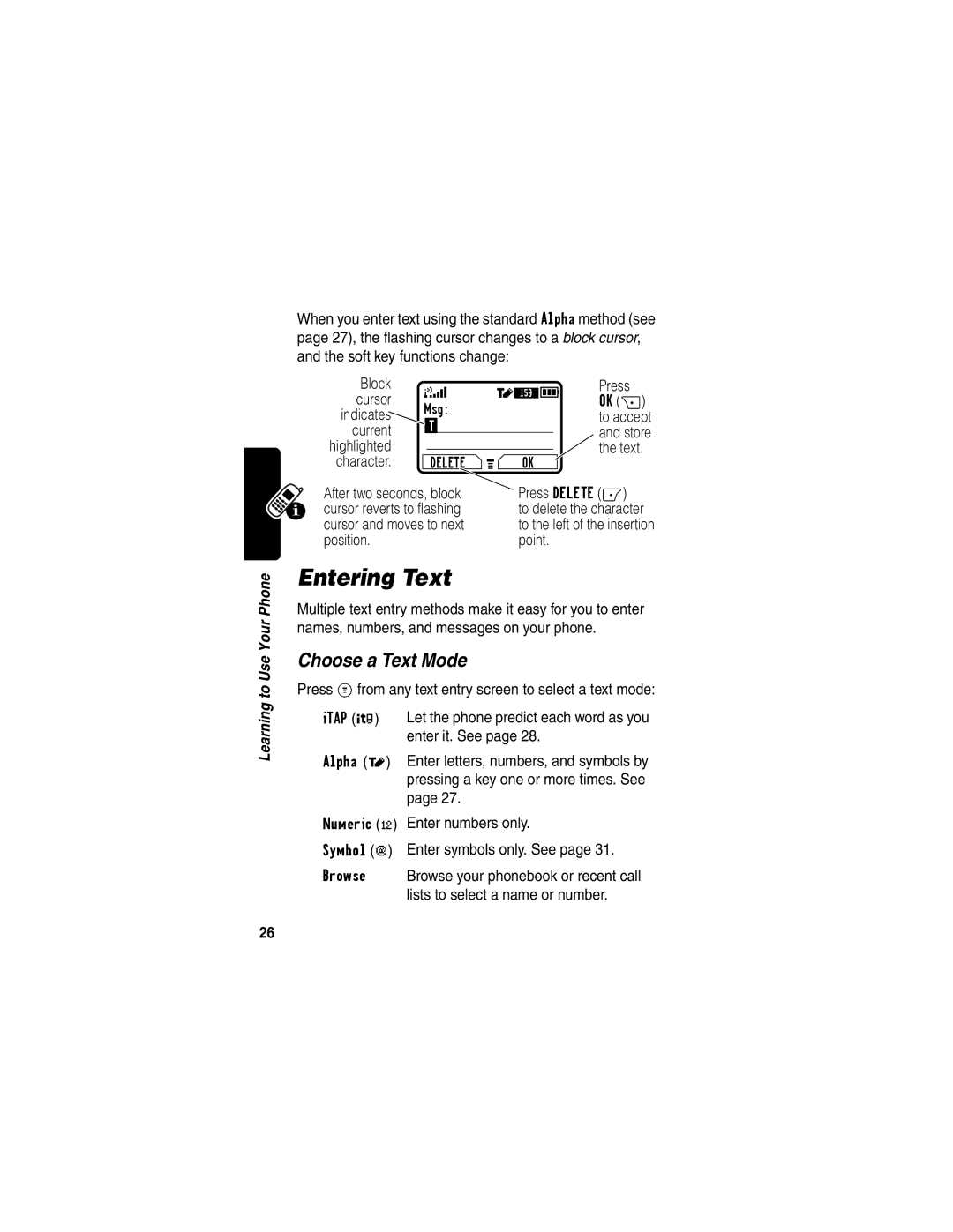 Motorola C353 manual Entering Text, Choose a Text Mode 