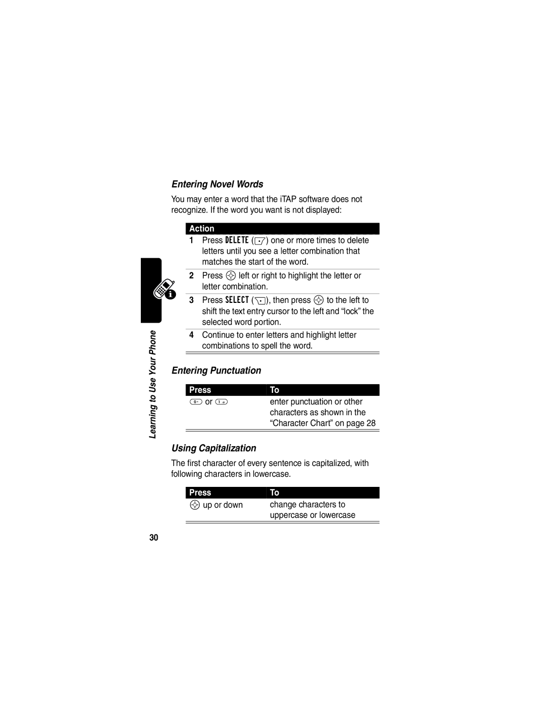 Motorola C353 manual Entering Novel Words, Entering Punctuation, Using Capitalization 