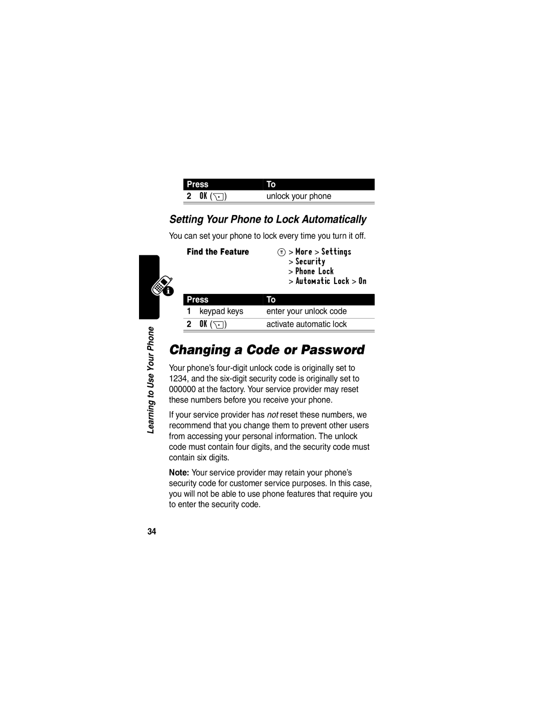Motorola C353 manual Changing a Code or Password, Setting Your Phone to Lock Automatically 