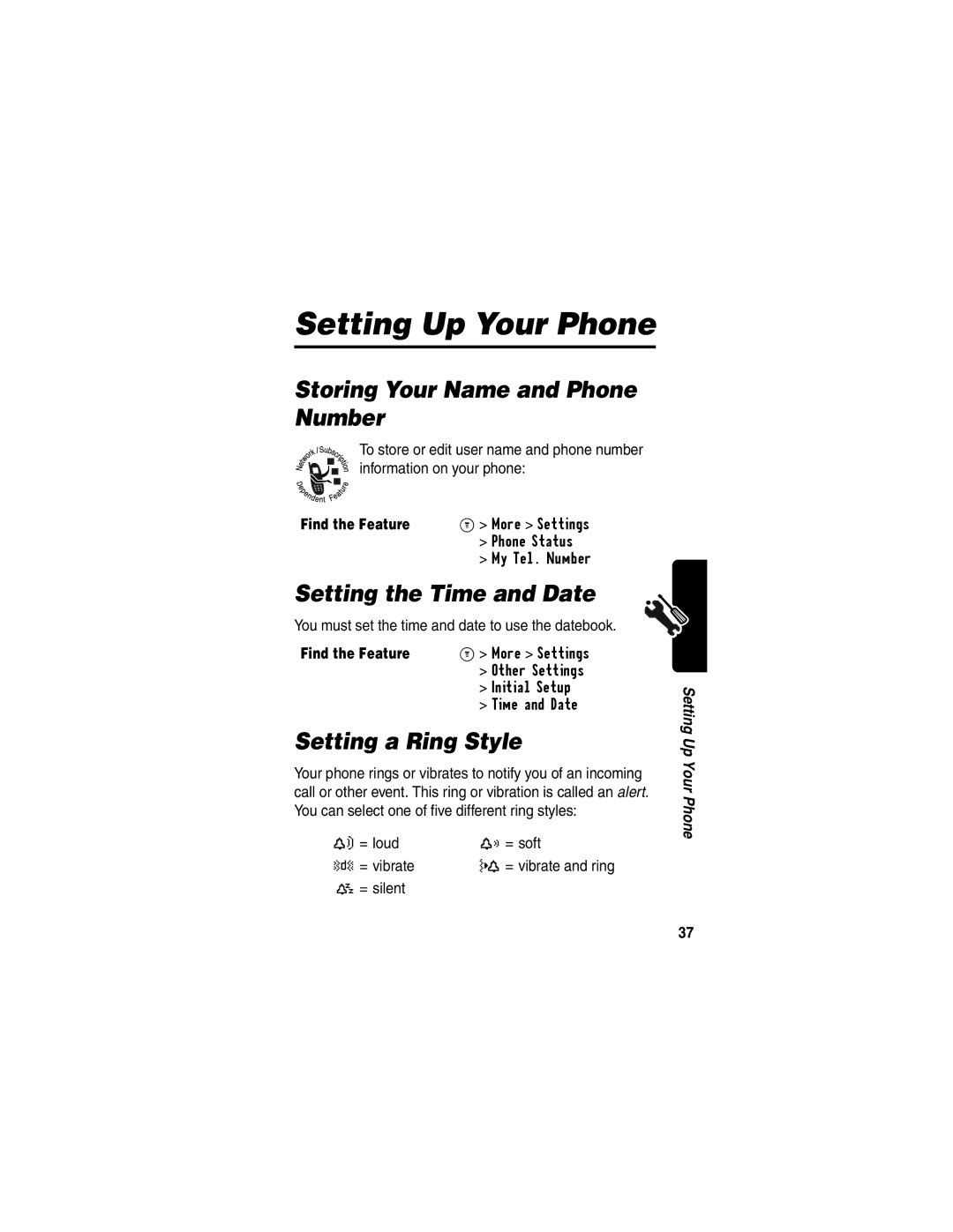 Motorola C353 Setting Up Your Phone, Storing Your Name and Phone Number, Setting the Time and Date, Setting a Ring Style 