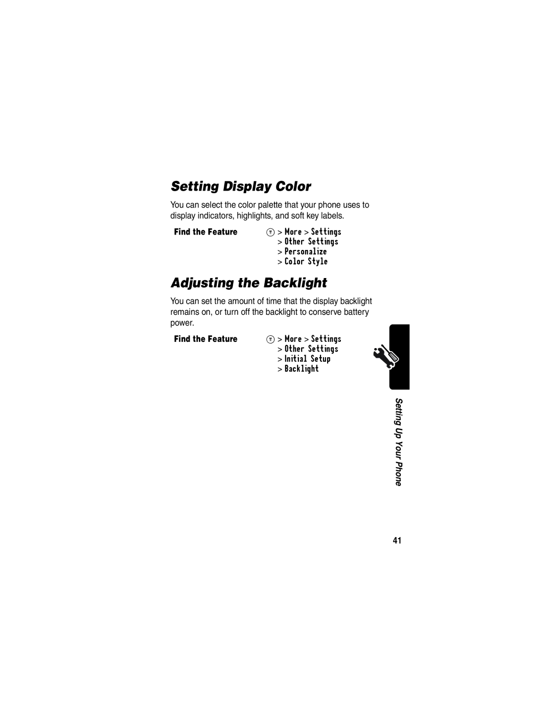 Motorola C353 manual Setting Display Color, Adjusting the Backlight 