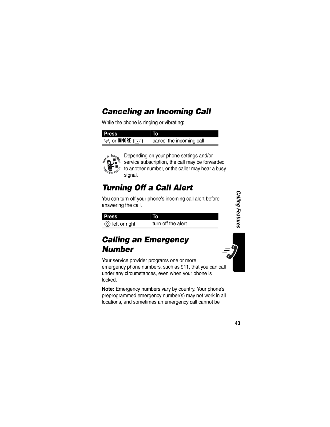 Motorola C353 manual Canceling an Incoming Call, Turning Off a Call Alert, Calling an Emergency Number 