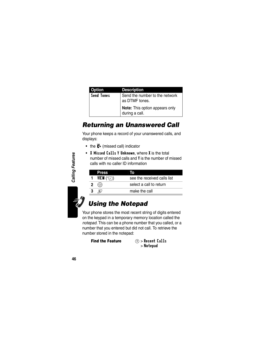 Motorola C353 manual Returning an Unanswered Call, Using the Notepad 