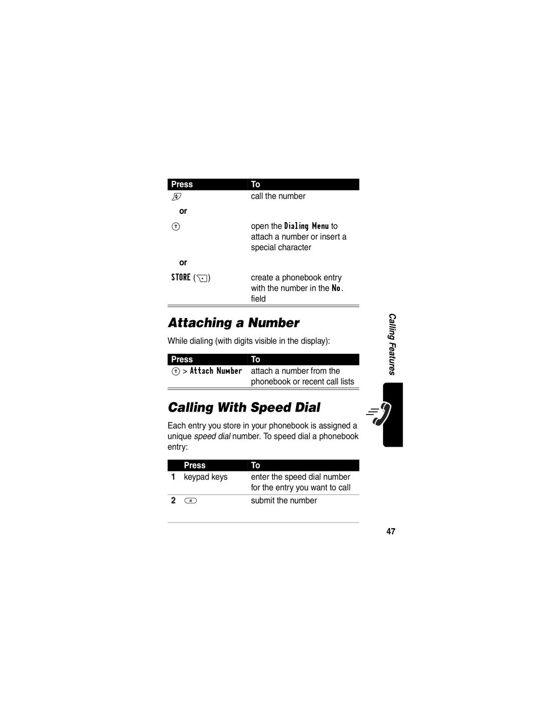 Motorola C353 manual Attaching a Number, Calling With Speed Dial, PressTo 