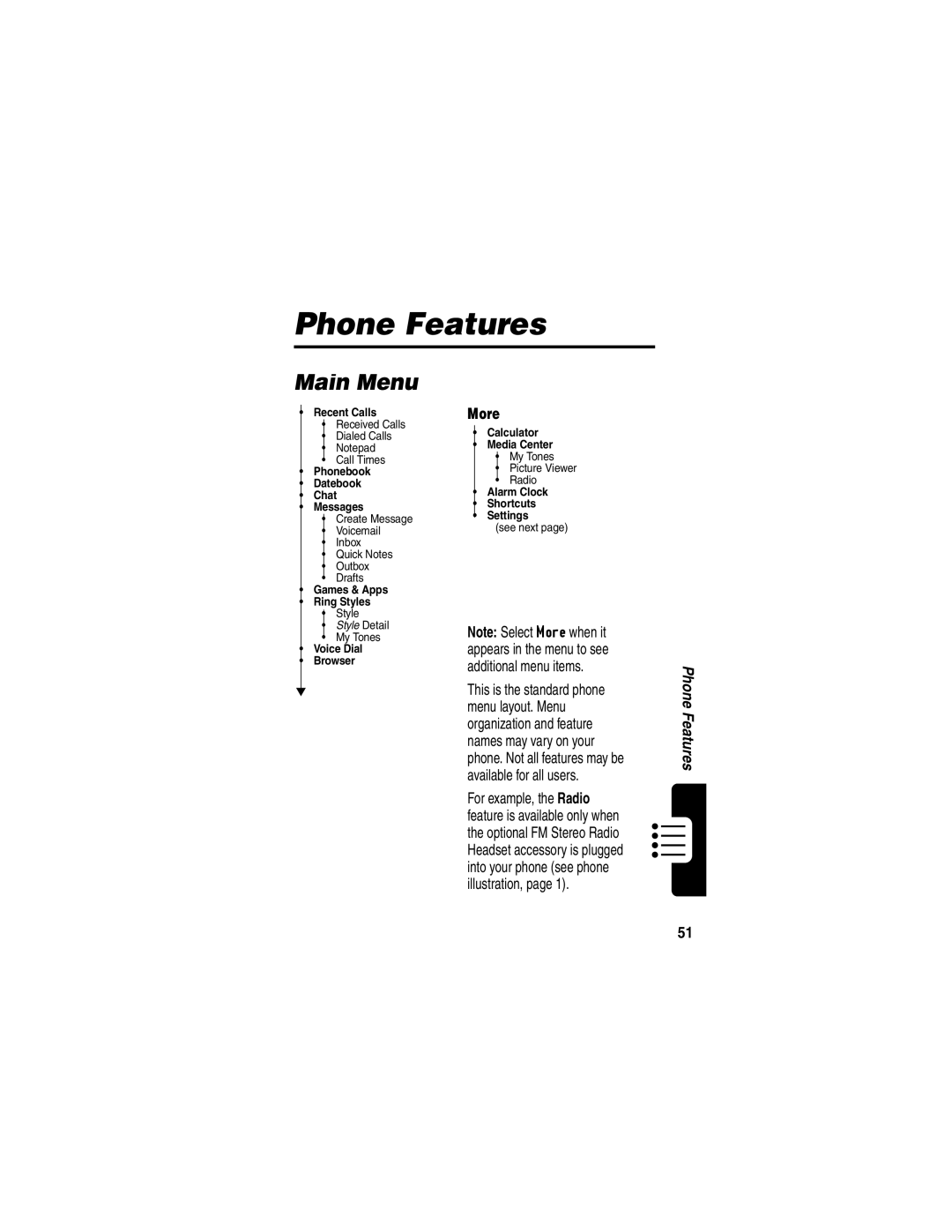 Motorola C353 manual Phone Features, Main Menu, More 