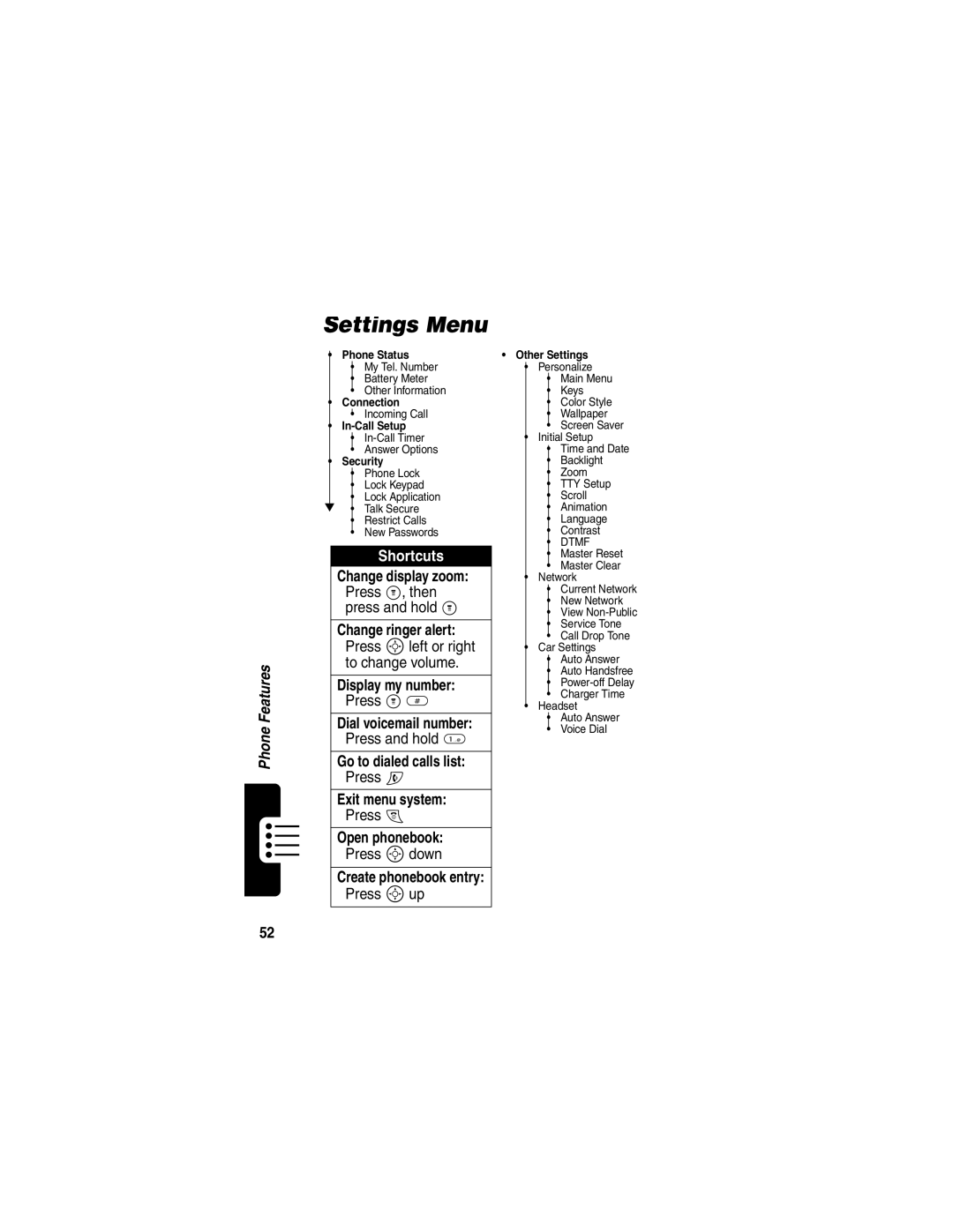 Motorola C353 manual Settings Menu, Shortcuts 