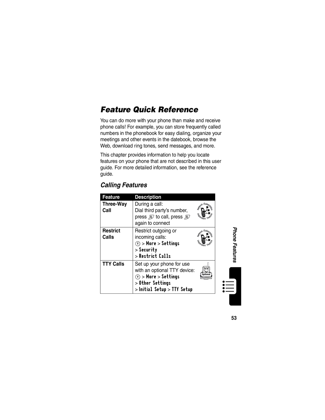 Motorola C353 manual Feature Quick Reference, Calling Features, Feature Description 