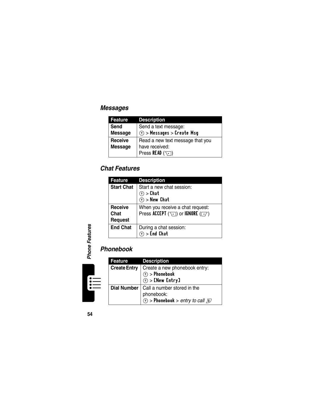 Motorola C353 manual Messages, Chat Features, Phonebook 